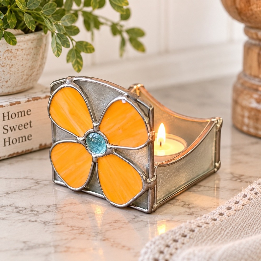 Vintage Stained Glass Flower Votive Candle Holder Orange Aqua Floral Art Glass